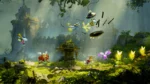 a7261499-bde5-4305-9551-701f6f143f66 - Video Game Depot Colorful platformer scene in a sunlit forest with quirky characters jumping and floating around ruined stone structures.
