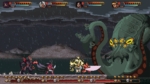 a9930a2f-1500-4c44-93a1-c8fdca95dda7 - Video Game Depot Pixel-art side-scrolling battle: four heroes facing a large multi-eyed green tentacled boss in a rainy battlefield, health bars across the top.