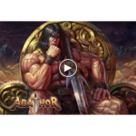 Video thumbnail featuring a muscular barbarian with long dark hair, a massive blood-stained sword, and a golden shield in a desert battleground (Abathor).