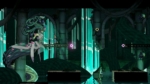 aea92edb-179c-4efb-ae27-c9fbf0073862 - Video Game Depot A fantasy game scene with a large serpentine dragon creature hovering near a wooden bridge and a tiny explorer in a glowing cavern full of cyan pillars.