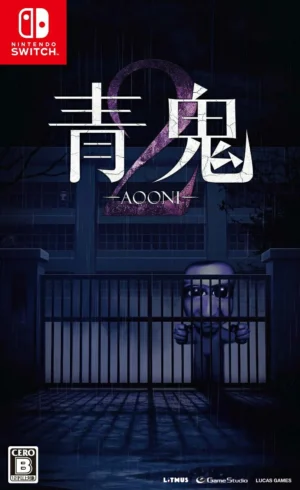 Nintendo Switch game cover for Ao Oni 2: a dark, rain-soaked yard with a barred gate and a pale figure peering through the bars.