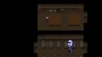Top panel shows a pixel-art character with gray hair in a wooden-room interior with two large square tables and shelves along the back wall, suggesting a classroom or study area in a game.