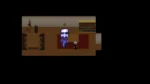 Pixel-art game scene: purple humanoid figure beside a small character on a red rug, in a room with bookshelf and plants.