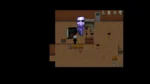Top-down pixel-art game scene: a purple humanoid figure hovers over a grand piano while a character stands nearby in a wooden-floored room.