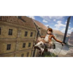 attack-on-titan-3-screen-01__836841785948152 - Video Game Depot Character using vertical maneuvering gear gliding between old brick buildings with swords drawn in a sci-fi fantasy game scene