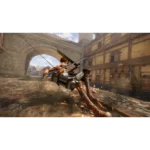 attack-on-titan-3-screen-02__000151785948152 - Video Game Depot Female warrior in an orange jacket and tall boots swings on a rope harness through a medieval town square with an arched stone gateway nearby.