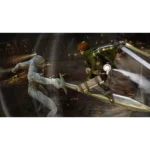 attack-on-titan-3-screen-03__848851785948152 - Video Game Depot Hero in green armor swings a large blade at a gray, zombie-like foe amid a burning city at night.