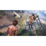 attack-on-titan-3-screen-04__537001785948152 - Video Game Depot Character with grappling 3D maneuver gear flies over a rural village, viewed from behind a second figure on a cliff.