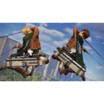 attack-on-titan-3-screen-05__274991785948152 - Video Game Depot Two figures in brown jackets with gear strapped to their waists leap through the air, swords drawn, against a blue sky.
