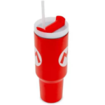 Red reusable drink cup with a white lid and straw, standing upright with white logos on the sides.