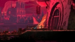 bc40a4fa-cc2e-4407-bb24-2d09f762dc07 - Video Game Depot Side-scrolling game scene: a armored hero runs along a wooden dock toward a crimson, burning city with a massive circular door in the foreground.