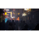 Nighttime street scene with a dense crowd of silhouettes and neon signs glowing in the background, suggesting a busy urban area or event.