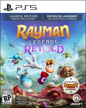 cb5060e1-c6c3-42cb-ba2c-0afa678f2d0b - Video Game Depot Rayman Legends: Retold video game cover for PS5 with colorful characters leaping across a fantasy landscape and the Ubisoft logo at bottom right