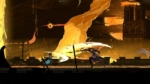 cc9b8430-bf46-4c3a-a1b8-deefe421d23c - Video Game Depot Two duelists clash on a wooden bridge as a massive fiery energy arc swirls behind them, a Gothic tower looming in a smoky city beyond.