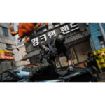 TACTICAL SOLDIER in full gear crouches on a car, aiming a rifle amid an urban battle with debris flying nearby.