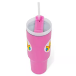 Pink kids' sip cup with straw, white lid, and decorative star decals on the sides.