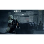 Soldier in green armor aims a rifle at an enemy in a futuristic industrial interior, with HUD health and ammo indicators visible.