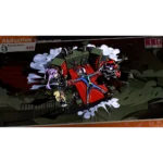 Cartoon-style game scene with a blue-suited character leaping from a large red mechanical vehicle, surrounded by dark creatures; game UI text reading 'Abduction' at top-left and 'Deadline' at top-right.