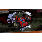 Animated game scene: a blue-suited hero on a red mech surrounded by attacking monsters and smoke.