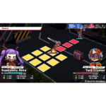 Screenshot from a turn-based battle showing two character panels: Supersonic Akira on the left and Tank Crusher on the right, each with stats and HP, in a neon grid battlefield.