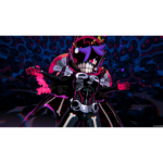 Neon-lit armored skeleton villain posing in a dark, swirling background with pink energy plume to the left.