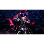 Neon-lit armored figure with a skull-like helmet and pink highlights, posing with arms outstretched against a dark, swirling background.