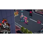 Cartoon-styled heroes battle on a city street; large armored boss portrait appears on the left side.