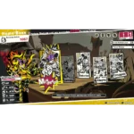 Screenshot of a game menu with a row of misdeed cards labeled Abduction, Larceny, Pillaging, and Corruption, and a bold 'Misdeeds' badge in the center.