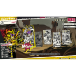 In-game battle screen showing a hero on the left and four mission cards labeled Larceny, Abduction, Pillaging, Corupgrade with a yellow 'Missed' burst in the center.