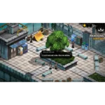 Isometric game scene in a fenced urban plaza with benches, vending machines, and a large tree; two characters stand near the tree as one speaks in a speech bubble: “I could hang out under this tree all day.”
