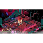 Isometric RPG battle scene on neon grid with four hero portraits lower-left and health bars, fighting enemies in a chaotic dungeon.”,