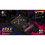 Isometric RPG battle on a grid with six characters facing off; UI shows HP bars and action button on the right, and portraits with meters on the bottom left.
