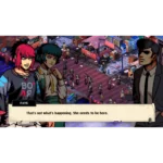 Visual novel panel: three characters in a crowded neon nightclub; speech reads, 'That's not what's happening. She needs to be here.'