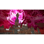 Fantasy castle town with snow-topped roofs under a large pink moon and crimson sky