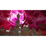 Medieval fortress with stone towers and snow-topped roofs under a large glowing pink moon in a crimson sky.