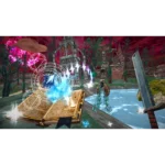 Open spellbook on a dock with glowing magical circles and a menacing skeletal figure nearby in a dark, fantasy landscape.
