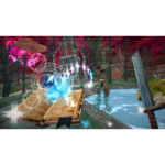 Open spellbook on a stone path, with glowing magical circles and a glowing blue energy near a skeletal enemy in a dark fantasy landscape.