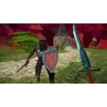 In-game scene of a knight charging with shield and sword toward the viewer on a grassy path, teal sword visible in the foreground and a stone house in the background.
