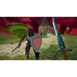 First-person view of a knight charging with shield and dagger, a teal sword in the foreground, red-skied village in the background.