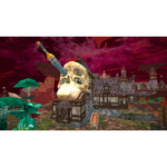Fantasy 3D scene: a village with timber houses and a giant skull with a sword through its head looming over the scene, under a red sky.