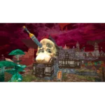 Medieval-style village with a giant skull-shaped building pierced by a large blue-and-gold pencil under a dark red sky.