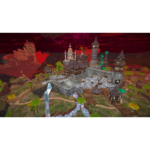 Stone castle with towers on a cliff, wooden bridges, and a waterfall in a fantasy landscape at sunset