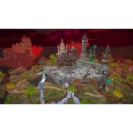 3D fantasy castle with multiple towers and wooden bridges set in a valley under a red sky, with a waterfall nearby