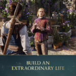 Blond man in an ornate purple tunic speaks to a companion with a shoulder sword in a flower-filled garden; a banner below reads 'BUILD AN EXTRAORDINARY LIFE'.