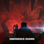 e7e9d8aa-a4ac-4249-a44d-0d2f2fe785ad__050711785958483 - Video Game Depot Hooded character confronts a towering red monstrous creature in a dark sci‑fi environment; bold 'Emergence Begins' caption at the bottom.