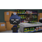 easy-delivery-co-screen-01__292291785515551 - Video Game Depot Two blocky cartoon cats in a grocery store: a blue cat with a backpack stands by a checkout counter while a brown cat sits on the counter near stocked shelves.