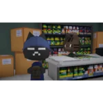 easy-delivery-co-screen-01__738371785515550 - Video Game Depot Two pixelated cats stand inside a shop beside a cash register and shelves of bottles. visual style is low-poly.