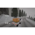 easy-delivery-co-screen-03__618301785515550 - Video Game Depot White pickup truck carrying an orange crate on a snowy winding road in a winter driving game; in-game HUD text visible on the left.