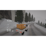 easy-delivery-co-screen-03__762841785515551 - Video Game Depot In-game scene: white truck carrying a large orange box drives a snowy mountain road, with distance and time HUD text on the left side