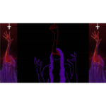 faith-unholy-trinity-screen-01__364311785523353 - Video Game Depot Central neon purple silhouette of a figure with a raised arm, flanked by panels showing raised hands on a black background.